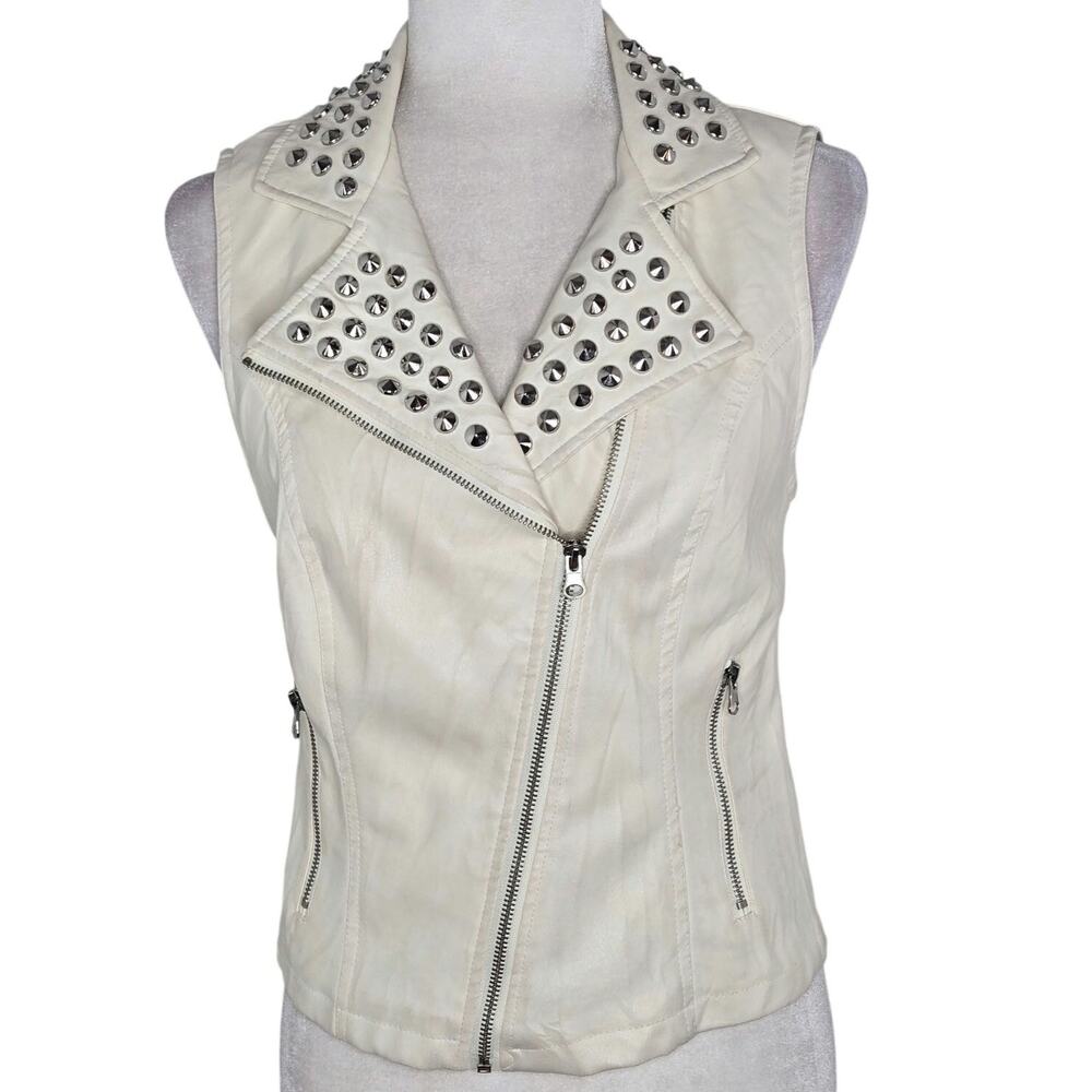 Forever 21 EUC faux leather 1990s studded moto vest Small white silver